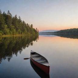 A serene lakeside during sunset. Reflections on the water are vividly shimmering, with a canoe comfortably resting on the shore