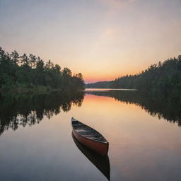 A serene lakeside during sunset. Reflections on the water are vividly shimmering, with a canoe comfortably resting on the shore