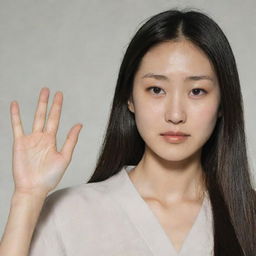 Generate an image of a thin woman named Yuko, with a pale, unhealthy-looking complexion. She has long, flat, straight hair that extends past her collar. She is seen flicking her hair back with her unmanicured fingers.