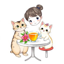 A light background features a cute girl sitting at a table beside a cheerful cat