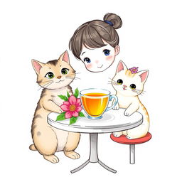 A light background features a cute girl sitting at a table beside a cheerful cat