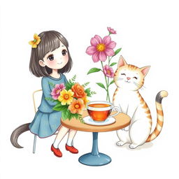 A light background features a cute girl sitting at a table beside a cheerful cat