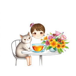 A light background features a cute girl sitting at a table beside a cheerful cat