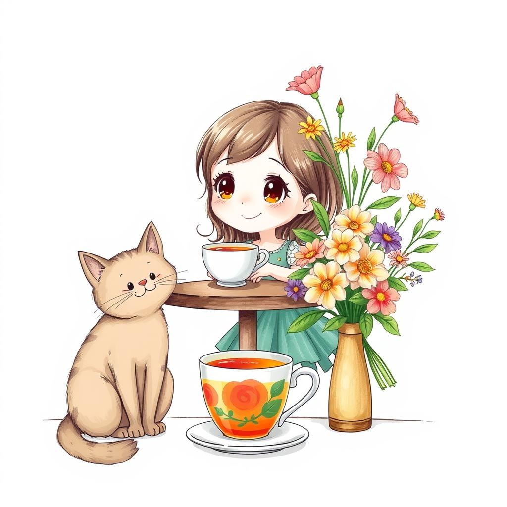 A light background features a cute girl sitting at a table beside a cheerful cat