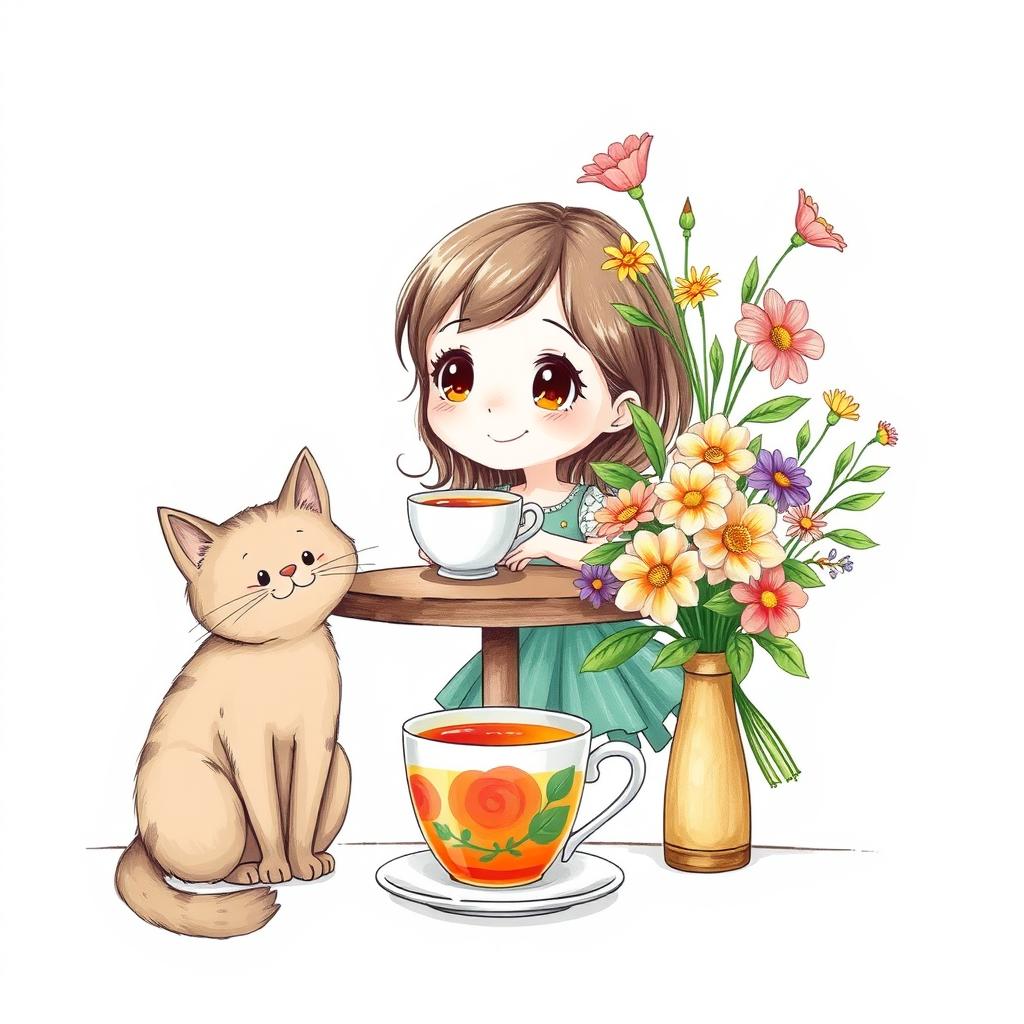 A light background features a cute girl sitting at a table beside a cheerful cat