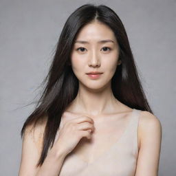 Generate an image of a thin woman named Yuko, with a pale, unhealthy-looking complexion. She has long, flat, straight hair that extends past her collar. She is seen flicking her hair back with her unmanicured fingers.