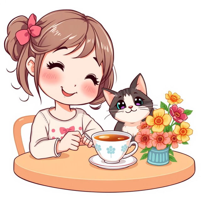 A cute girl with an endearing expression is sitting at a table next to a cheerful cat