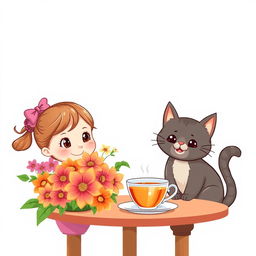 A cute girl with an endearing expression is sitting at a table next to a cheerful cat