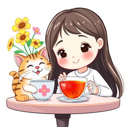 A cute girl with an endearing expression is sitting at a table next to a cheerful cat