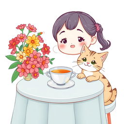 A cute girl with an endearing expression is sitting at a table next to a cheerful cat