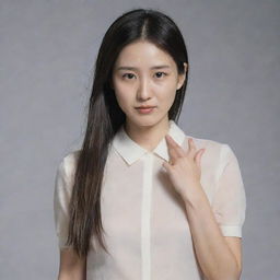 Generate an image of a thin woman named Yuko, with a pale, unhealthy-looking complexion. She has long, flat, straight hair that extends past her collar. She is seen flicking her hair back with her unmanicured fingers.