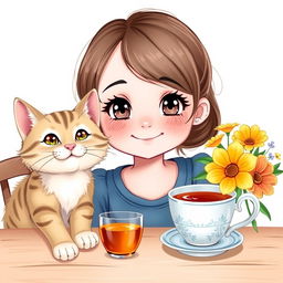 A cute girl with an endearing expression is sitting at a table next to a cheerful cat