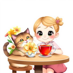 A cute girl with an endearing expression is sitting at a table next to a cheerful cat