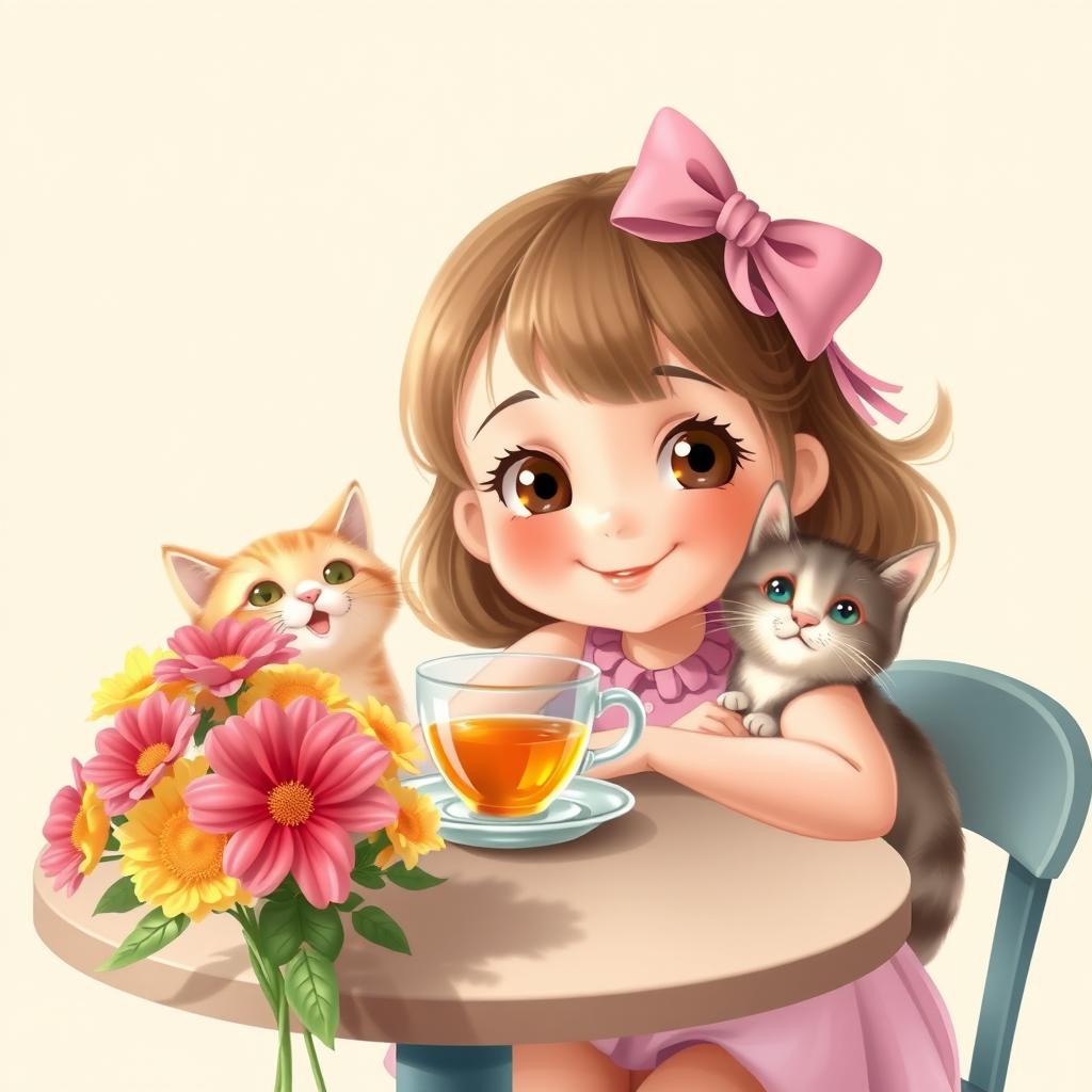 A cute girl with an endearing expression is sitting at a table next to a cheerful cat