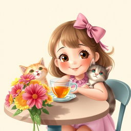 A cute girl with an endearing expression is sitting at a table next to a cheerful cat