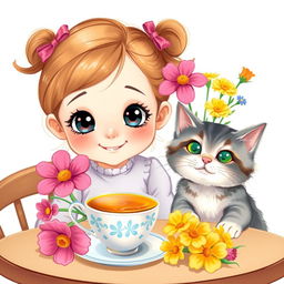 A cute girl with an endearing expression is sitting at a table next to a cheerful cat