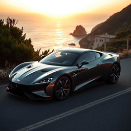 a beautifully designed car with sleek lines and a modern aerodynamic shape, parked alongside a scenic coastal road as the sun sets in the background, reflecting warm golden hues off the car's polished surface, surrounded by lush green vegetation and the ocean visible to the side, conveying a sense of freedom and adventure