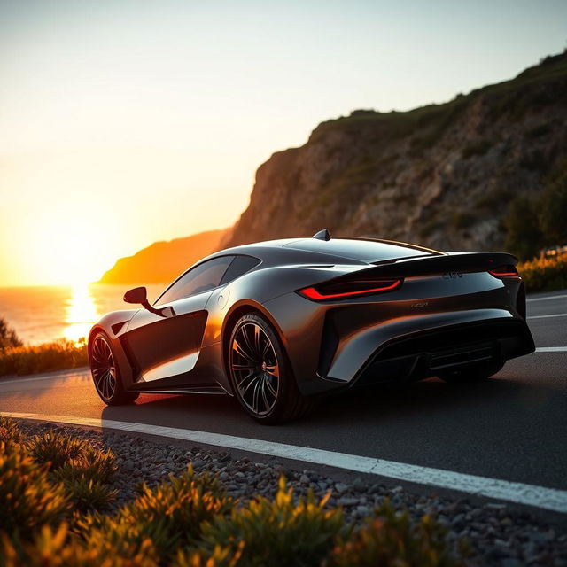 a beautifully designed car with sleek lines and a modern aerodynamic shape, parked alongside a scenic coastal road as the sun sets in the background, reflecting warm golden hues off the car's polished surface, surrounded by lush green vegetation and the ocean visible to the side, conveying a sense of freedom and adventure