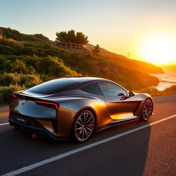 a beautifully designed car with sleek lines and a modern aerodynamic shape, parked alongside a scenic coastal road as the sun sets in the background, reflecting warm golden hues off the car's polished surface, surrounded by lush green vegetation and the ocean visible to the side, conveying a sense of freedom and adventure