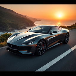 a beautifully designed car with sleek lines and a modern aerodynamic shape, parked alongside a scenic coastal road as the sun sets in the background, reflecting warm golden hues off the car's polished surface, surrounded by lush green vegetation and the ocean visible to the side, conveying a sense of freedom and adventure