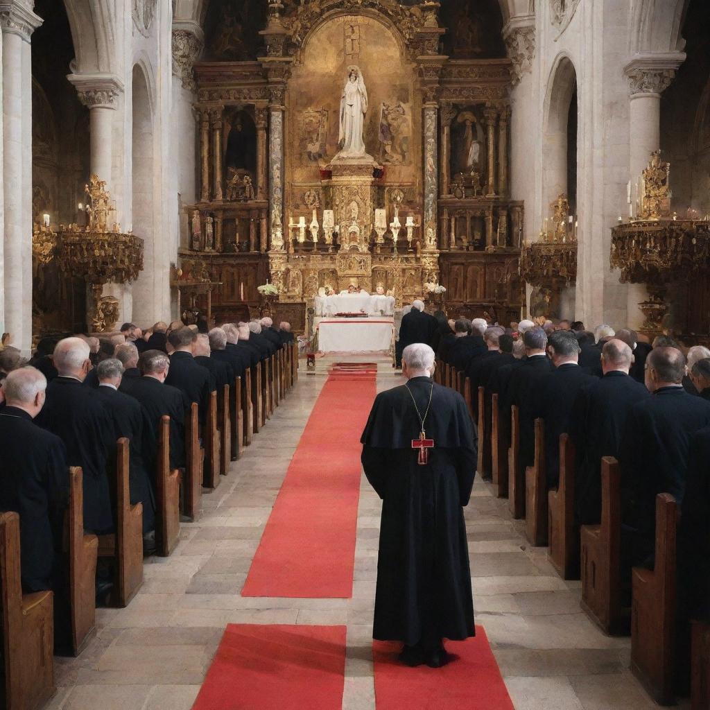 A serene scene of a Camillian religious service in a beautifully ornate church, featuring a priest wearing the iconic red cross on a black cassock, surrounded by devout worshippers.