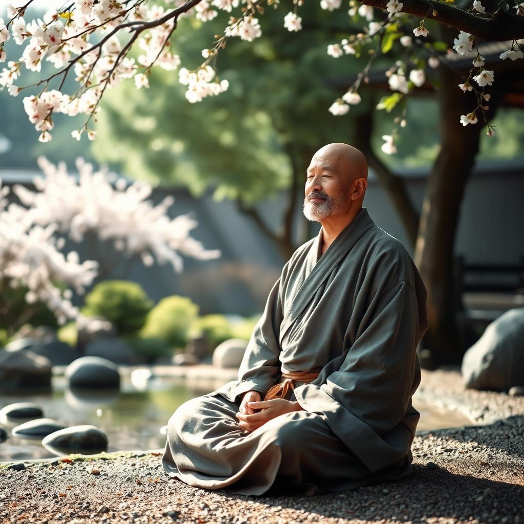 A serene zen monk dressed in traditional monk robes, meditating peacefully in a tranquil Japanese garden