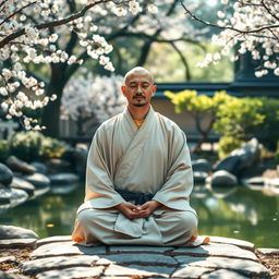 A serene zen monk dressed in traditional monk robes, meditating peacefully in a tranquil Japanese garden