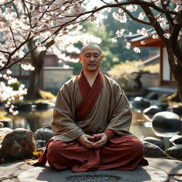 A serene zen monk dressed in traditional monk robes, meditating peacefully in a tranquil Japanese garden