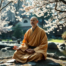 A serene zen monk dressed in traditional monk robes, meditating peacefully in a tranquil Japanese garden