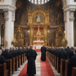 A serene scene of a Camillian religious service in a beautifully ornate church, featuring a priest wearing the iconic red cross on a black cassock, surrounded by devout worshippers.