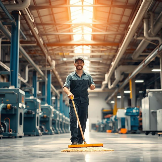 A cheerful factory cleaner sweeping the floor with a big smile