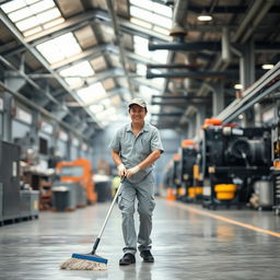 A cheerful factory cleaner sweeping the floor with a big smile