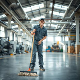 A cheerful factory cleaner sweeping the floor with a big smile