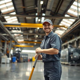 A cheerful factory cleaner sweeping the floor with a big smile