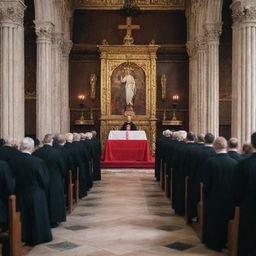 A serene scene of a Camillian religious service in a beautifully ornate church, featuring a priest wearing the iconic red cross on a black cassock, surrounded by devout worshippers.