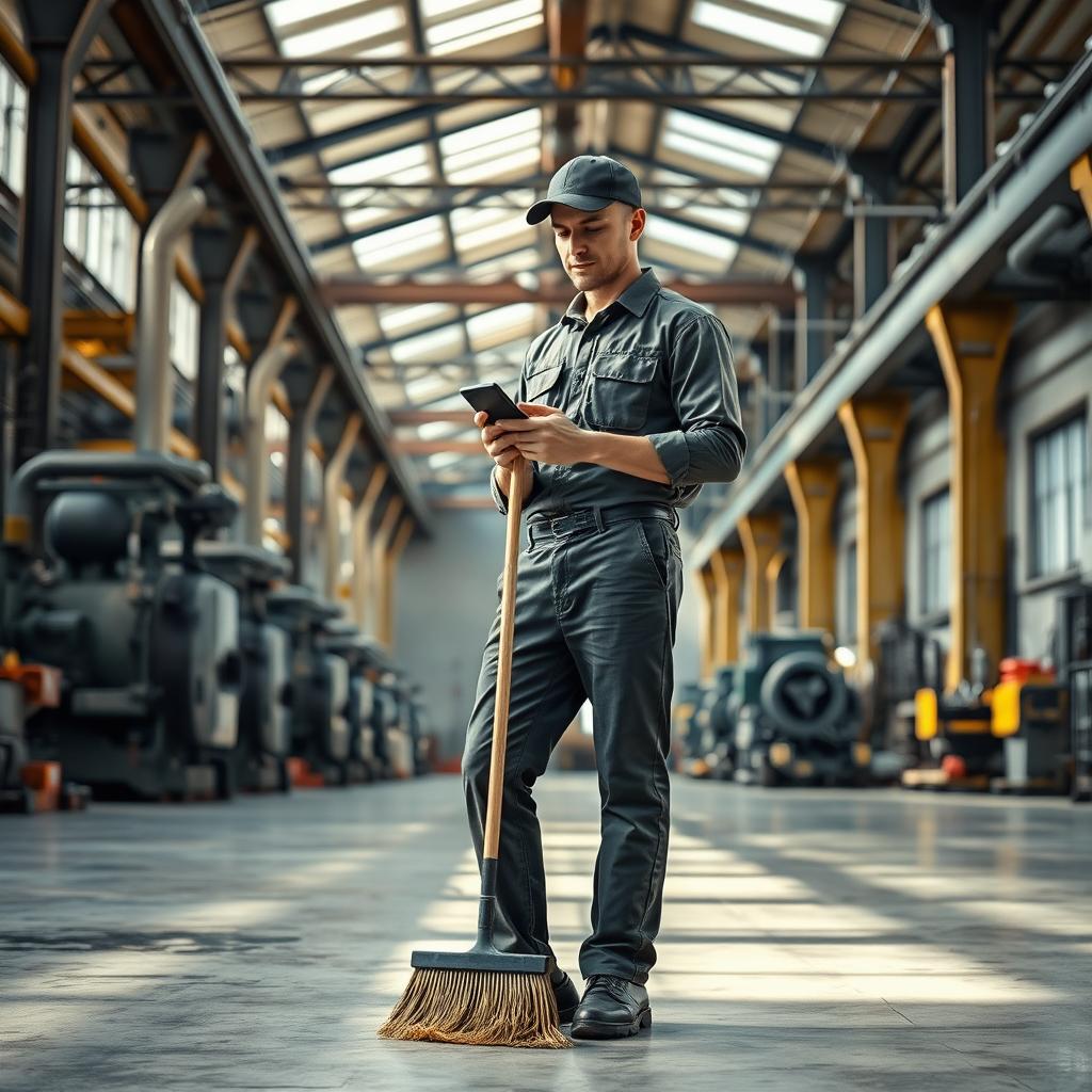 In a spacious factory setting, a cleaner stands holding a broom in one hand while using their smartphone with the other