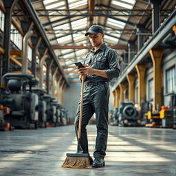 In a spacious factory setting, a cleaner stands holding a broom in one hand while using their smartphone with the other