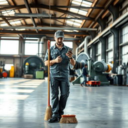 In a spacious factory setting, a cleaner stands holding a broom in one hand while using their smartphone with the other