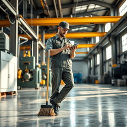 In a spacious factory setting, a cleaner stands holding a broom in one hand while using their smartphone with the other