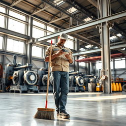 In a spacious factory setting, a cleaner stands holding a broom in one hand while using their smartphone with the other