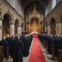 A serene scene of a Camillian religious service in a beautifully ornate church, featuring a priest wearing the iconic red cross on a black cassock, surrounded by devout worshippers.