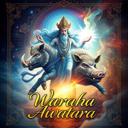 Design an enchanting cover for the manuscript 'Waraha Awatara', focusing on the divine transformation of the god Wisnu into a wild boar