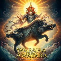 Design an enchanting cover for the manuscript 'Waraha Awatara', focusing on the divine transformation of the god Wisnu into a wild boar