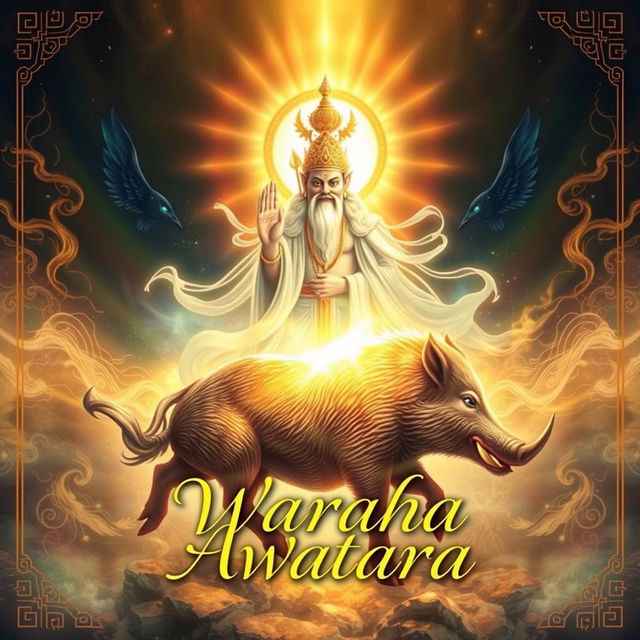 Design an enchanting cover for the manuscript 'Waraha Awatara', focusing on the divine transformation of the god Wisnu into a wild boar