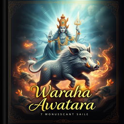 Design an enchanting cover for the manuscript 'Waraha Awatara', focusing on the divine transformation of the god Wisnu into a wild boar