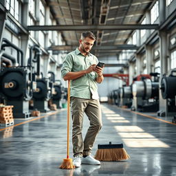 In a spacious factory setting, a cleaner wearing a light green shirt stands holding a broom in one hand while using their smartphone with the other