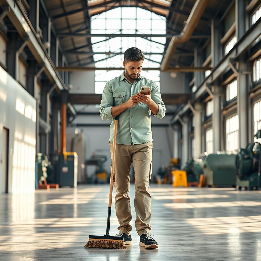 In a spacious factory setting, a cleaner wearing a light green shirt stands holding a broom in one hand while using their smartphone with the other