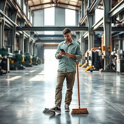 In a spacious factory setting, a cleaner wearing a light green shirt stands holding a broom in one hand while using their smartphone with the other