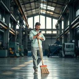 In a spacious factory setting, a cleaner wearing a light green shirt stands holding a broom in one hand while using their smartphone with the other