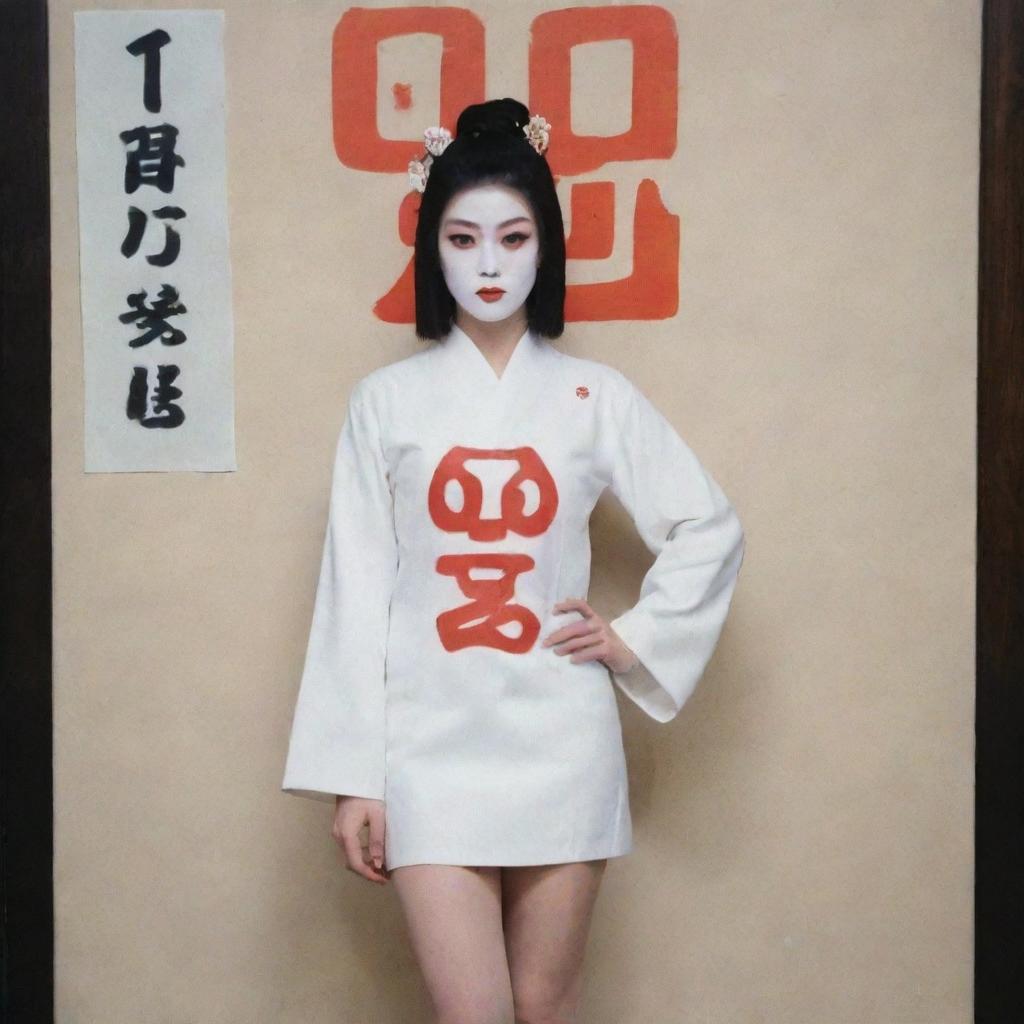 Generate an image of a woman behind placard number #1, heavily adorned with makeup, wearing a white minidress. She seems professional, standing alone in Kabuki-cho in late December. A sight that would have been inconceivable a few years ago.